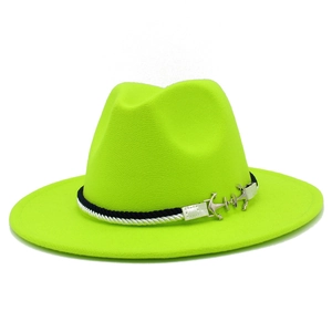 Detail of neon green wool fedora with black-and-white woven band and silver anchor charm