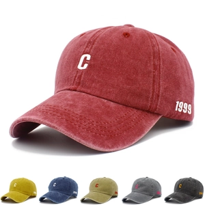 Vintage cotton baseball cap with C embroidery shown in red and six multi-color options