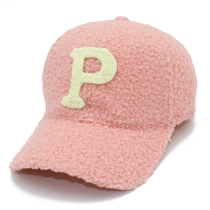 Pink lamb wool baseball cap with letter P embroidery for women winter warmth