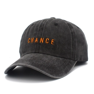 Chance letter embroidery baseball cap in washed black cotton with orange stitching