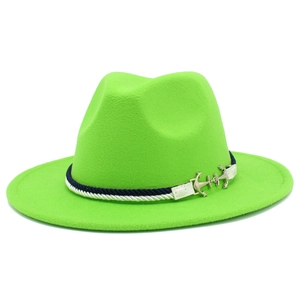 Close-up of neon green wool fedora with nautical rope band and silver anchor accents