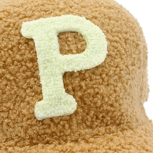 Brown fleece baseball cap with green letter P embroidery for winter warmth and style