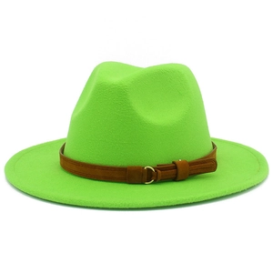 Detail of neon green wide brim fedora with brown suede belt and gold metal buckle
