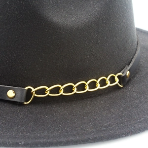 Classic black wool fedora hat with elegant leather belt and gold chain decoration