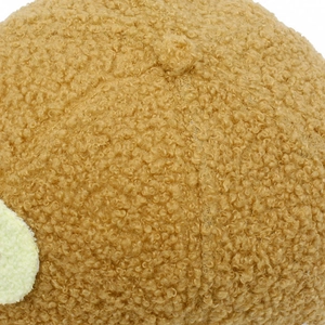 Macro shot of warm camel faux shearling fabric and top button detail on the baseball cap
