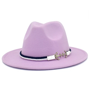 Close-up of lavender wool fedora hat featuring blue woven rope and gold anchor buckles