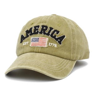 Vintage cotton baseball cap in olive green with America embroidery and flag patch detail