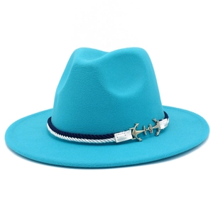 Detail of turquoise felt hat with blue and white braided rope and silver anchor buckle