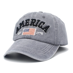 Detailed embroidery on a grey washed cotton baseball cap with AMERICA text and flag