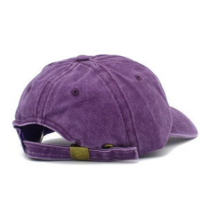 Detail view of the vintage purple washed denim baseball cap with adjustable metal buckle