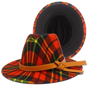 Chapeau Fedora en Feutre de Laine à Carreaux Style Britannique Large Bord Jazz Avec Bande en Cuir Homme Femme Mode