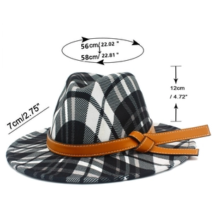 Guide des tailles détaillé pour chapeau fedora à carreaux avec mesures du bord et hauteur