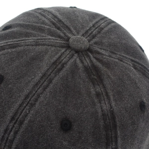 Detailed macro view showing the top button and stitched seams of a cotton baseball cap