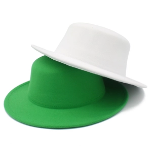 Flat top wool felt boater hats shown in bright white and vibrant green colors