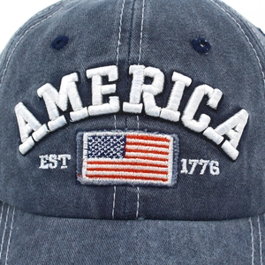 Vintage washed navy denim baseball cap with America embroidery and US flag patch