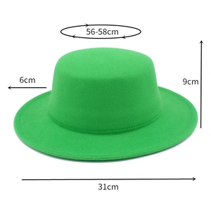 Detailed dimensions of the green wool felt flat top fedora with measurement markings
