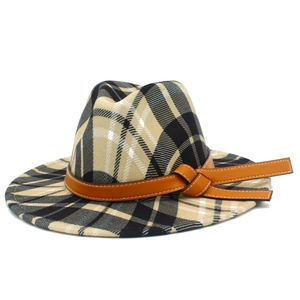 Chapeau fedora classique à carreaux beige avec bande en cuir pour l'automne-hiver
