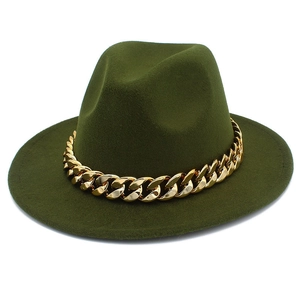 Detail of army green wool felt fedora featuring a decorative chunky gold metal chain link
