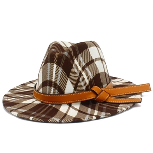 Chapeau fedora en laine de style britannique à carreaux marron et blanc avec bande