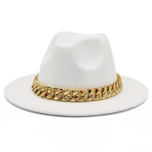 Detailed view of white wool fedora hat featuring a chunky gold chain strap accessory
