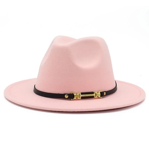 Pink flat brim wool felt fedora hat with black leather band and gold metal buckle detail