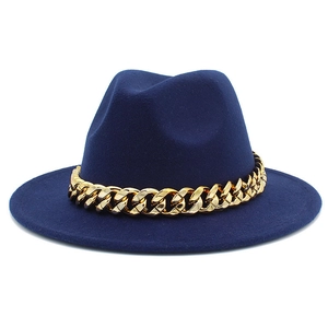 Navy blue wide brim wool fedora hat featuring a chunky gold chain strap decoration