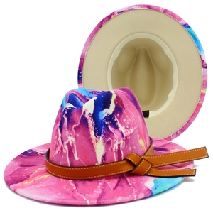 Wide Brim Fedora Hat For Women Men Abstract Marble Tie Dye Woolen Jazz Hat With Leather Band Party Travel Retro Hat