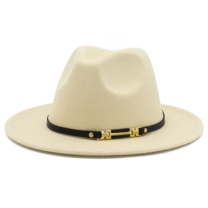 Close-up of beige wool fedora hat with black leather band and gold metal buckle detail