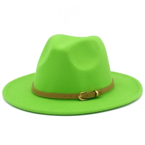 Detail view of neon green wool felt fedora featuring a brown leather belt with gold buckle