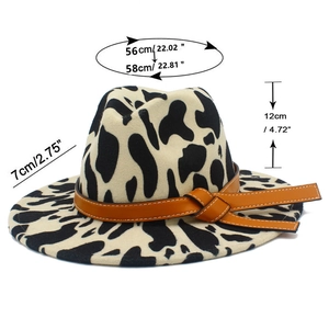Detailed size chart for the black and white cow print wool fedora hat with dimensions