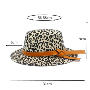 Leopard print fedora hat size chart showing 56-58cm circumference and 6cm brim width