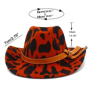 Cow print fedora hat details with 7cm brim, 12cm height, and brown leather strap