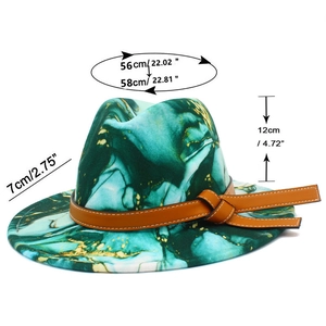 Detail showing dimensions of green tie-dye fedora with brown leather knotted band