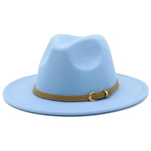 Close-up of light blue felt fedora hat featuring a brown leather strap and gold buckle