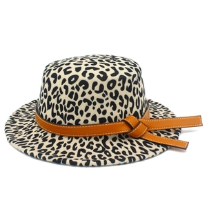 Classic leopard print wool felt fedora hat with brown leather band and decorative buckle