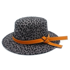 Classic leopard print fedora hat with a flat top and orange decorative leather band