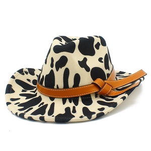 Classic cow print wool felt cowboy hat with brown leather band and stitch detail