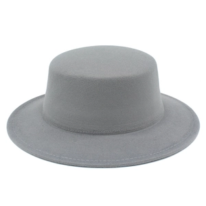 Detailed close-up showing the premium wool felt texture of this grey flat top fedora hat