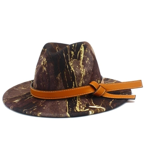 Detail of marble tie-dye wool fedora hat with brown leather band and side knot decor