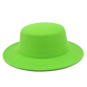 Close-up of neon green wool felt boater hat showing fine stitching and fabric texture