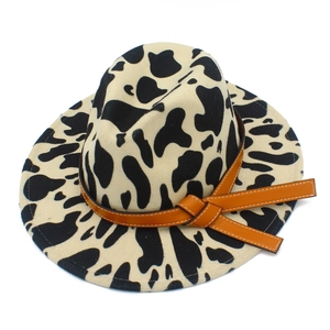 Cow print western wool felt cowboy hat with brown leather band for outdoor and stage wear