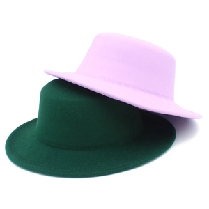 Classic wool felt flat top boater hats in purple and dark green for autumn and winter