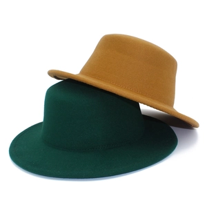 Classic wool felt pork pie hat in mustard yellow and forest green with flat brim