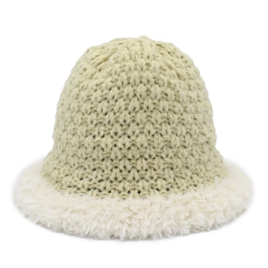 Winter knitted bucket hat with light green yarn and white faux fur trim for women
