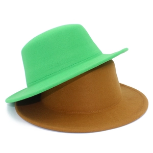 Flat top wool fedora hat for men and women in fluorescent green and camel colors