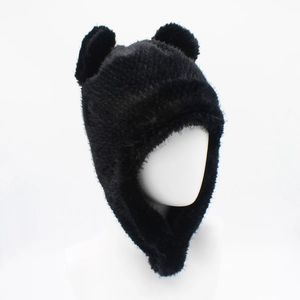 Bonnet d'hiver noir en fausse fourrure avec oreilles d'ours et protège-oreilles