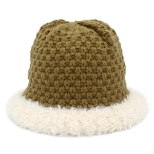 Olive green knit bucket hat with white faux fur trim for winter warmth and comfort