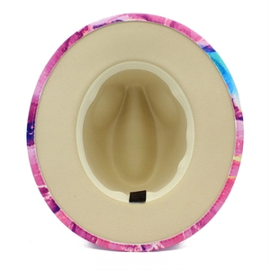 Macro view showing the tie-dye pattern brim and inner cotton lining of this felt fedora hat