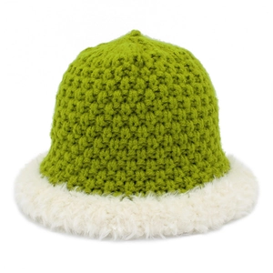 Japanese retro green knit bucket hat with white plush trim and thick warm ear protection