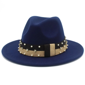 Chapeau fedora bleu marine en laine avec ruban élégant orné de perles et de strass